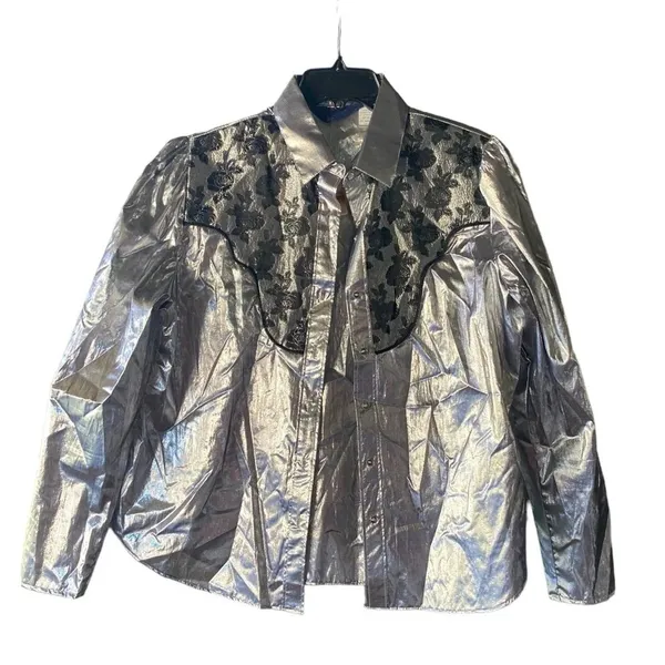 vintage metallic western Glam silver Lume embroidered cowgirl button up shirt - Image 5