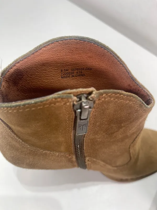 Frye Madeline High Heel Short Ankle Boots Women 8.5M Suede Zip Tan Boho Cowgirl - Image 5