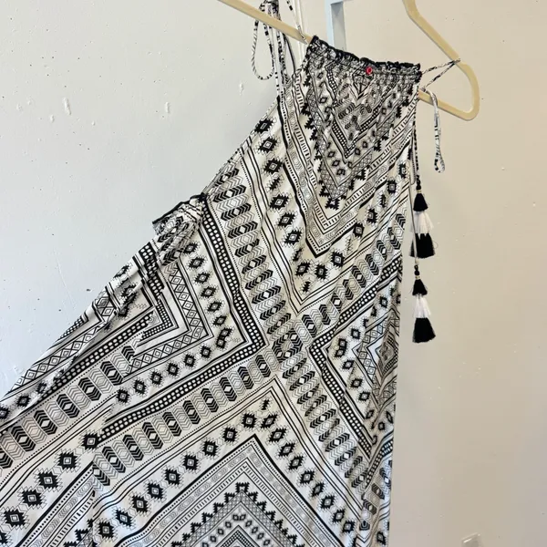 Red Carter Black White Geometric‎ Tribal Tassel Halter Maxi Dress US Large Boho - Image 7