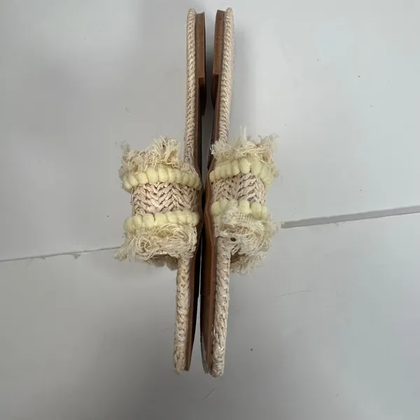 Woven Straw Slide Sandals Beige Fringe Pom Pom Trim‎ Flat Beach Size 10 - Image 6