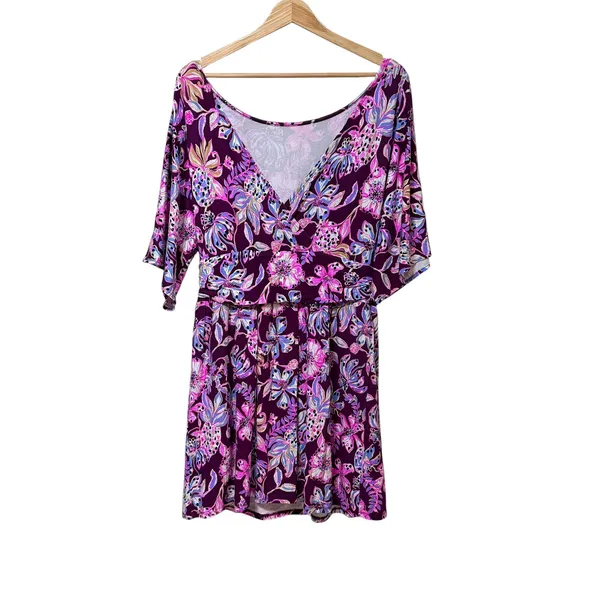 Lilly Pulitzer Hollee Dress Berry Sangria Floral Purple Mini V-Back Womens L - Image 4