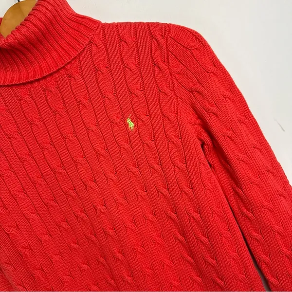 Ralph Lauren Sport Womens Cable Knit Sweater Sz Small Coral Orange Cotton - Image 5