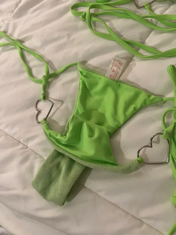 Neon Green Towel Cloth Material Silver Heart Tie String Cheeky Two Piece Bikini - Image 3