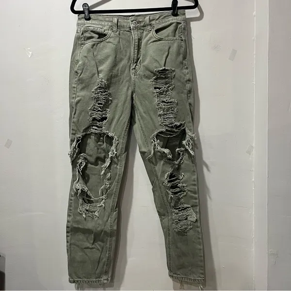 American Eagle‎ Jeans Olive Green High Rise Distressed Women Size 6 Petite - Image 2