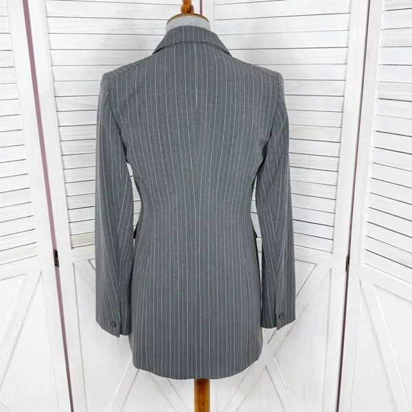 Vintage Moda International Pinstripe‎ Long Blazer Jacket Grey Pink 4 - Image 4