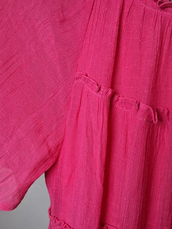 &merci Hot Pink Tiered Midi Dress w/ Short Sleeves Pockets Lined Women's Size L - Image 3