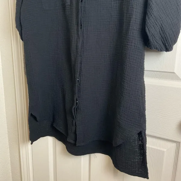 Young Fabulous & Broke Black Cotton Gauze Shirt Dress Large Cuffed Sleeve - Image 4