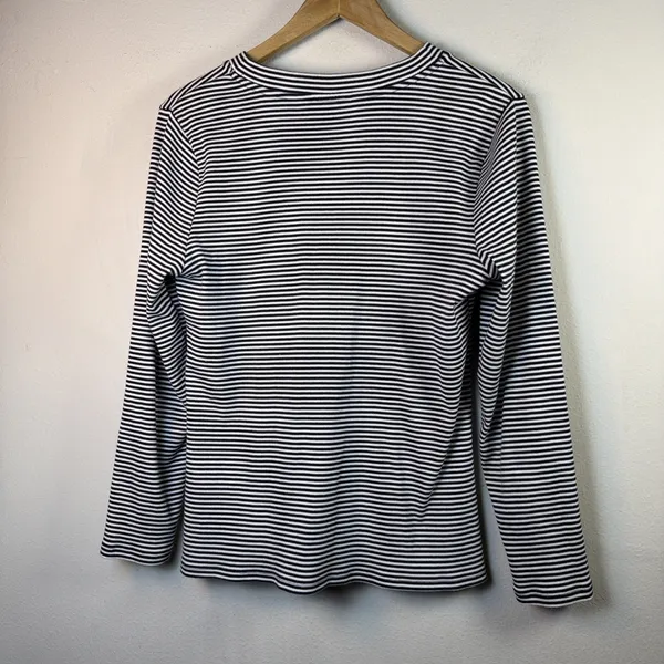 Chico's 2 Womens Large dark Navy Blue Stripe Ribbed Henley shirt cottagecore - Image 6