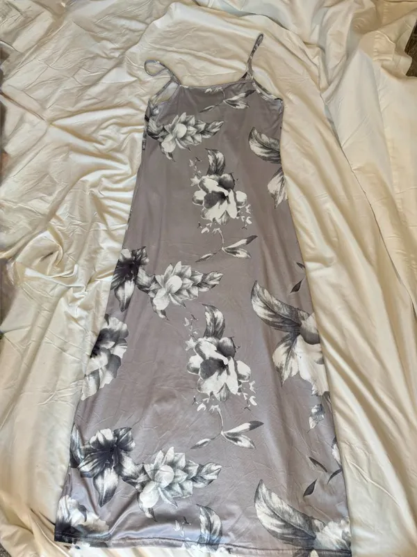 Y2K Grey & White Floral Maxi Slip Dress Size Large 90s Whimsygoth Camisole Dress - Image 6