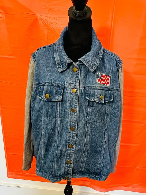 Denim Jacket with Grey Knit Sleeves and Flag Patch Blue Size XXL - Image 2
