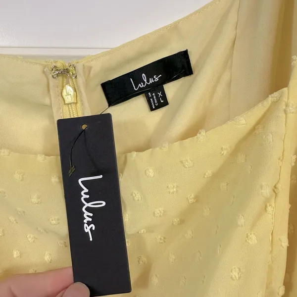 Lulus Women’s Bimini Light Yellow Swiss Dot Tie-Strap Midi Dress Size XL NWT - Image 5