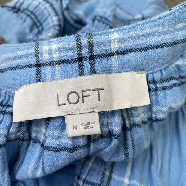 LOFT Peasant Top Size Medium Blue Plaid Crinkle Country Boho Cowgirl Western - Image 6