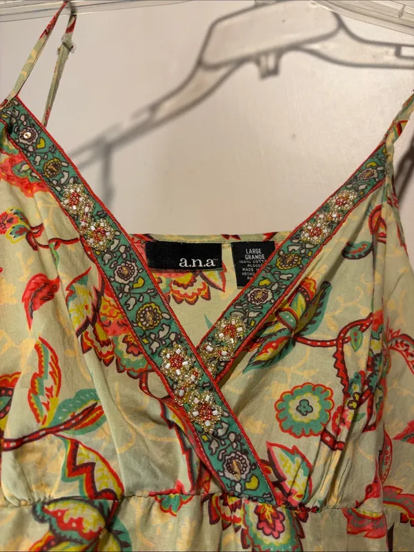 Y2K Vintage Semi Sheer Spaghetti Straps Floral Embroidered Neckline Tank Top L - Image 4