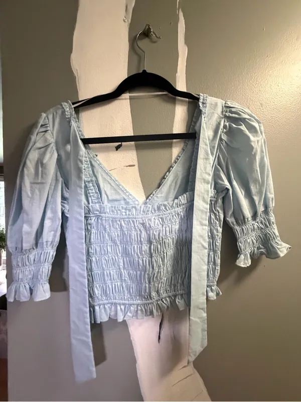 “Lime Lush” Light Blue Smocked V-Neck Womens Top - Image 3