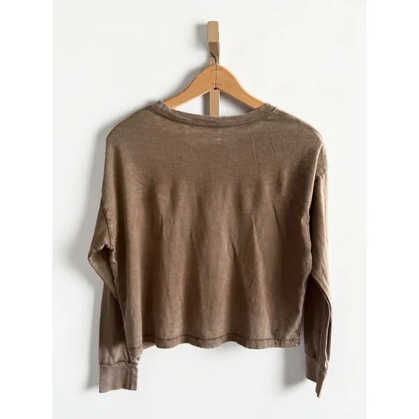Aerie‎ Womens XS Brown Mineral Wash Long Sleeve Cropped T-Shirt Oversized Fit - Image 2