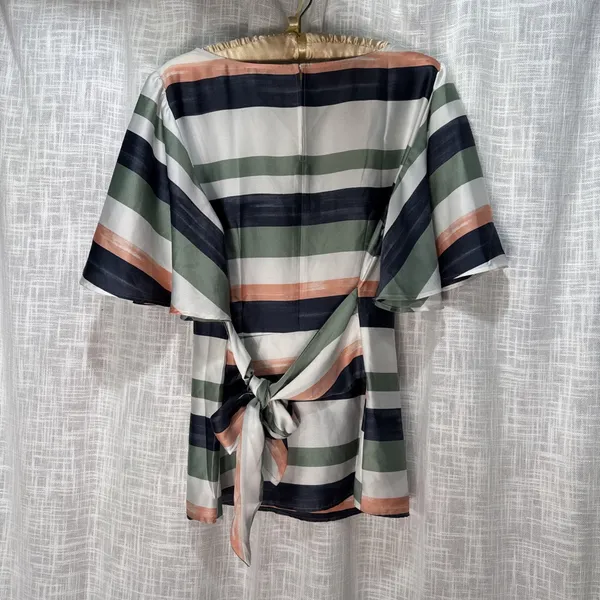 Ann Taylor Factory Striped Flutter Sleeve Tie Waist Blouse Navy Green Peach M - Image 5