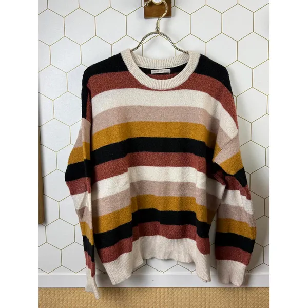 Active USA Tan Color Block Striped Knit Boxy Fit Sweater - Size - Large - Image 5