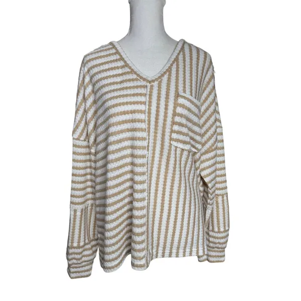 Pink Lily Tan White Striped Oversized Sweater Medium Boxy Coastal Grandmother - Image 5