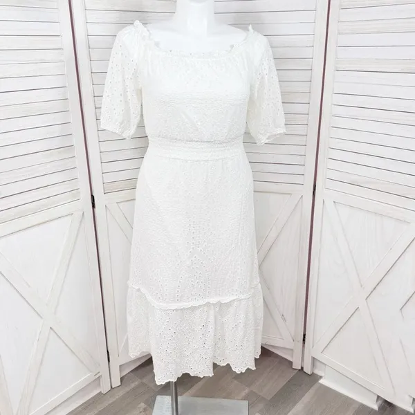 Betsey Johnson Eyelet Off The‎ Shoulder Smocked Waist Midi Dress White Large - Image 2