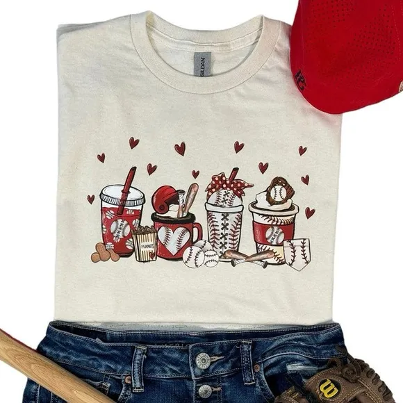 Gildan Baseball Cups and Hearts Medium Natural Cream Women’s Short Sleeve T-Shirt - Image 2
