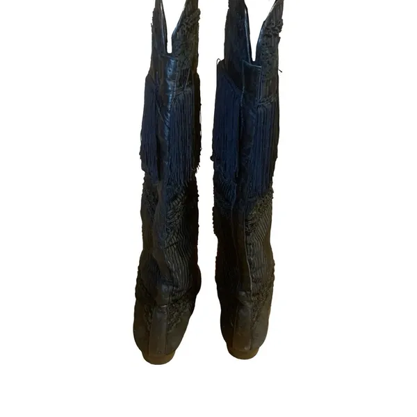 Vintage 1980'S Black Leather Fringe & Ricrac Knee High Boots (36.5) - Image 7