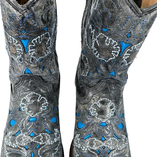 CORRAL Snip Toe Boots Blue‎ Gray Inlay Cowboy Angel Wing & Dove Size 6.5M - Image 5