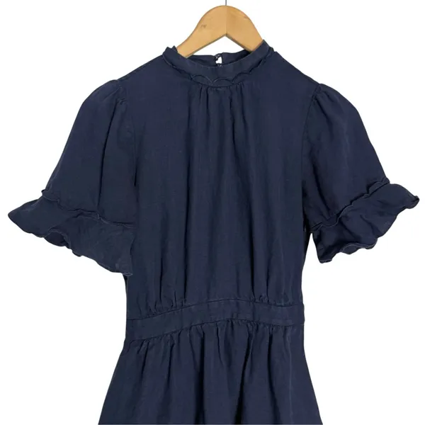 Frame Navy Linen Scallop Mock Neck Flounce Ruffle A-Line Flare Mini Dress XS - Image 4