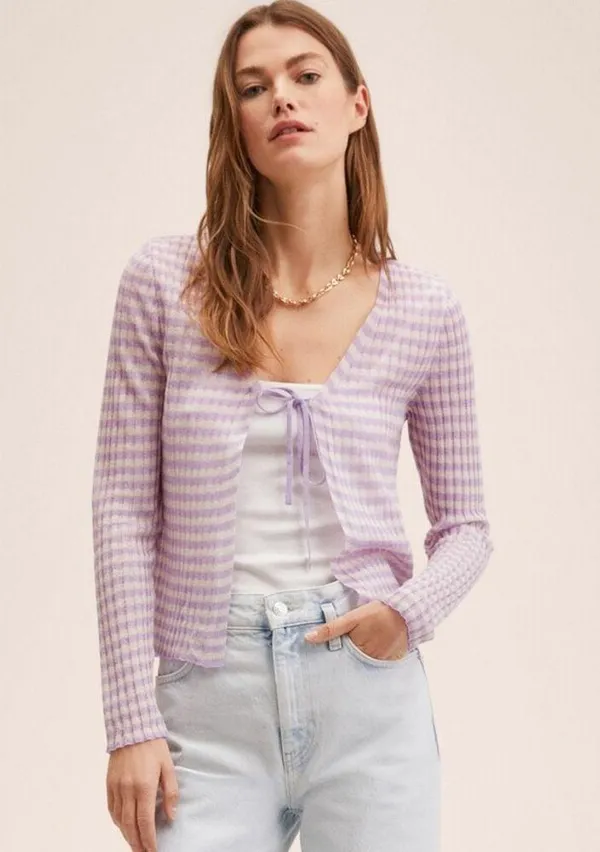 Mango NWT KNITTED CROPPED CARDIGAN STRIPED PURPLE WHITE LIGHTWEIGHT TIE DETAIL - Image 4