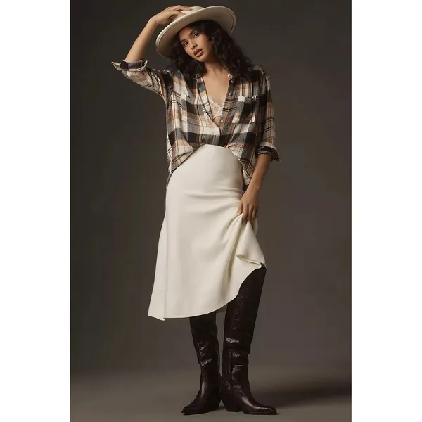Anthropologie Pilcro Relaxed Long-Sleeve Checkered Shirt Small Brown Plaid Boho Casual Flannel - Image 3