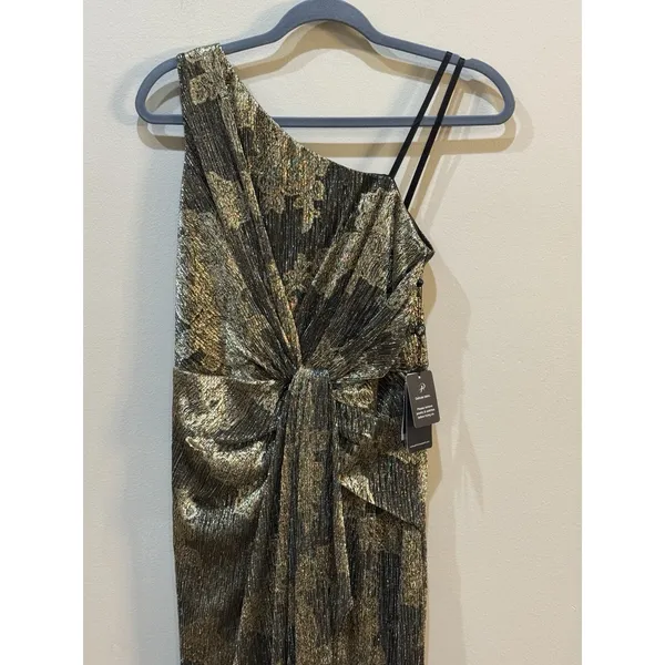 Adrianna Papell One Shoulder Metallic Gown‎ Size 2 Gold Black Prom Gala MOB - Image 4