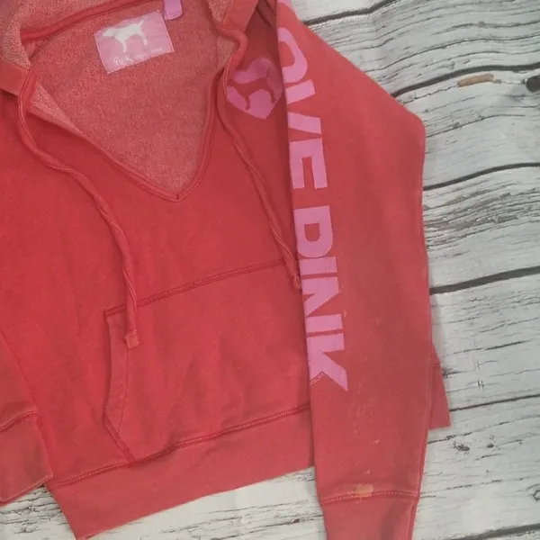PINK - Victoria's Secret vneck pullover logo winter warm hooded hoodie sz XS - Image 2
