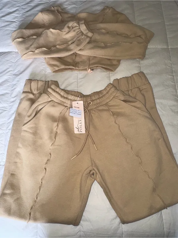 Oh Polly Beige Cropped Sweatshirt & Drawstring Joggers Set - Image 4