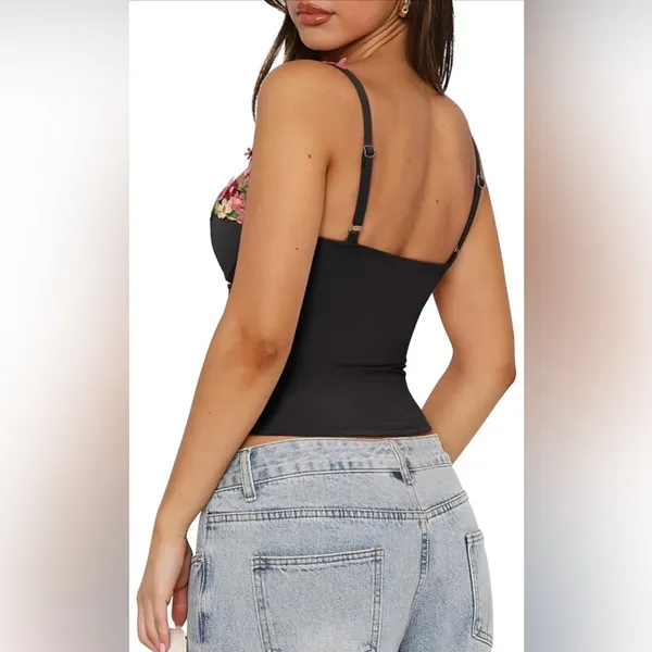 NEW Black Floral Bustier Corset Tops Spaghetti Strap Tank Top Y2K S - Image 2