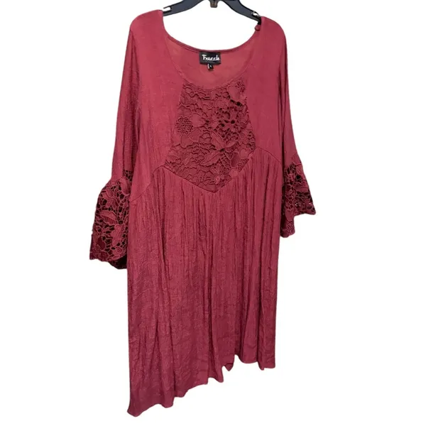 Frazzle Burgundy Lace Crochet Bell Sleeve Boho Mini Tunic Dress Large Wine Red - Image 3