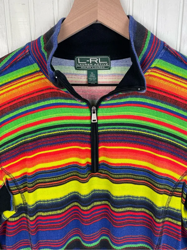 Vintage Y2K Lauren Ralph Lauren Active Rainbow Stripe Quarter Zip Pullover XL - Image 9