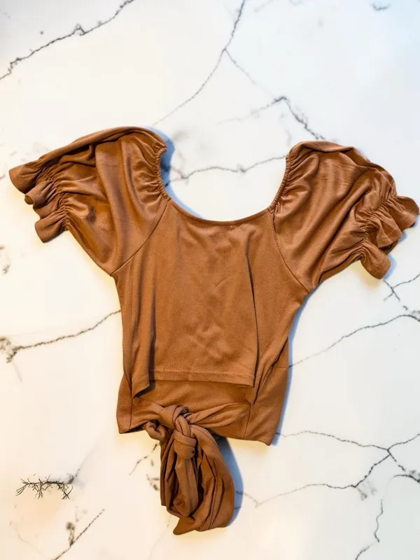 Listicle Brown Ribbed Knit Short Puff Sleeve Crop Top with Tie Back Size M - Image 2