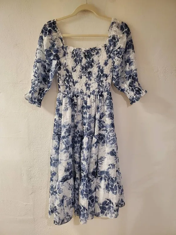 Baltic Born Hazel Eyelet Midi Dress in Navy Blue White XS - Image 3