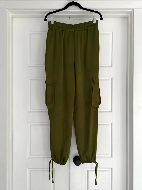 Open Edit Tie Detail Satin Cargo Pants Olive Green - small - Image 2