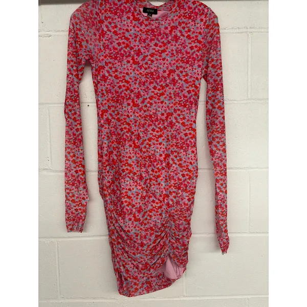 AFRM Sz S Mizra Pink Ditsy Floral Mesh Bodycon Ruched Long Sleeve Mini Dress - Image 3