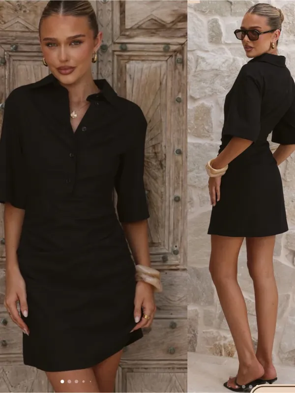 Billy J Sydney Mini Dress Black Linen Collared Ruched - Image 2