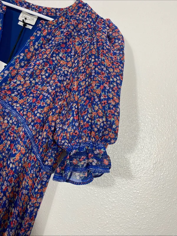 SAYLOR Blue Multi Floral Puff-Sleeve Maxi Dress Size L 90% Viscose - Image 6