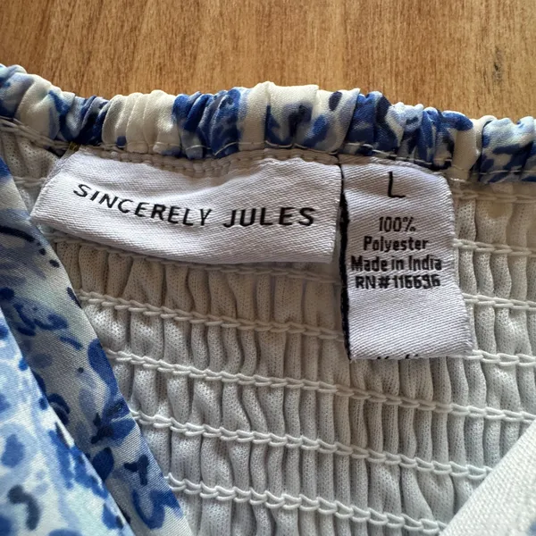 Sincerely‎ Jules Blue White Floral Paisley Puff Sleeve Smocked Midi Dress Large - Image 6