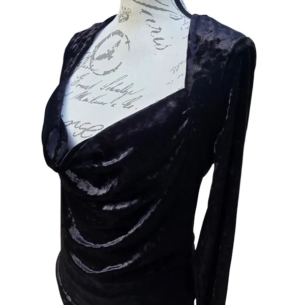 Free People 32R‎ Black Crushed Velvet Cowl Neck Long Sleeve Top OB1215106 Small - Image 3