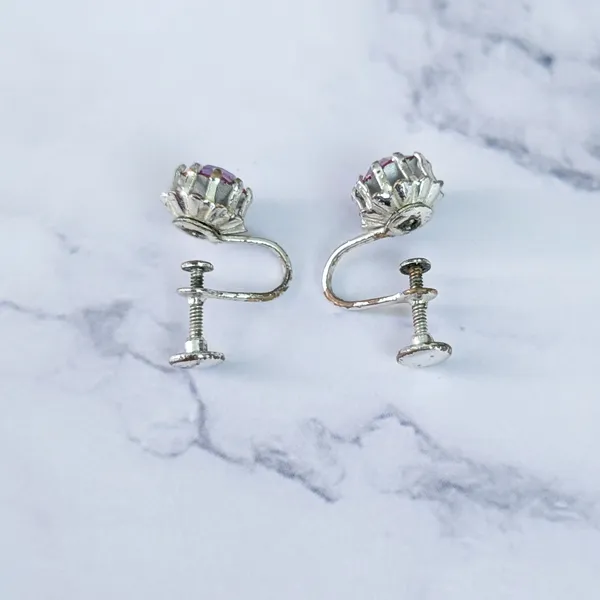 Vintage Screw On Earrings Iridescent Dark Pink Gems - Fair Condition - Image 6