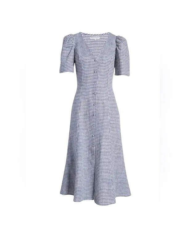 Women’s Reformation Newbury Gingham Print Button Front Linen Midi Dress Size 4 - Image 3