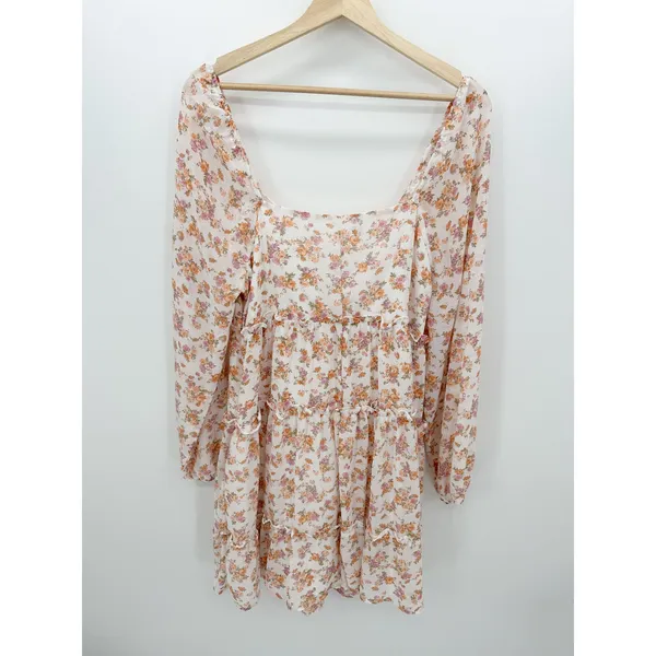 Orange Pink Microfloral Long Sleeve Boho Peasant Mini Dress Ruffle‎ Summer Sz M - Image 2