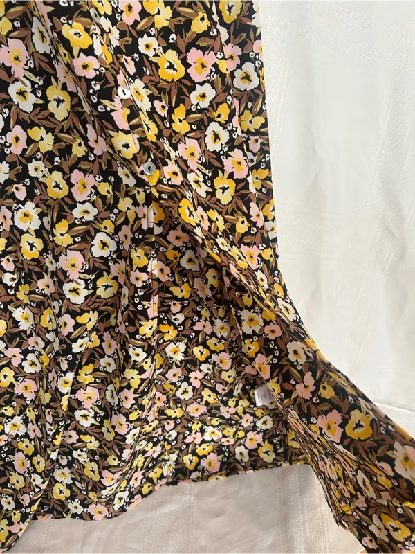 NWT Floral Ruffle-Trim Maxi Dress in Brown, Pink & Yellow, side slit, SZ Large. - Image 3