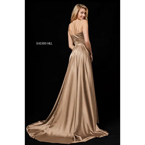 NWT Sherri Hill 52119 Mocha Silk Charmeuse V Neck High Slit Prom Gown Dress 4 - Image 2