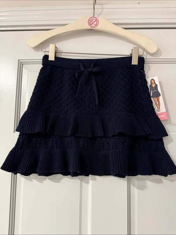 Millie Bobby Brown Navy Knit Tie-Front Ruffle Mini Skirt Soft Perfect Fit XXS - Image 4