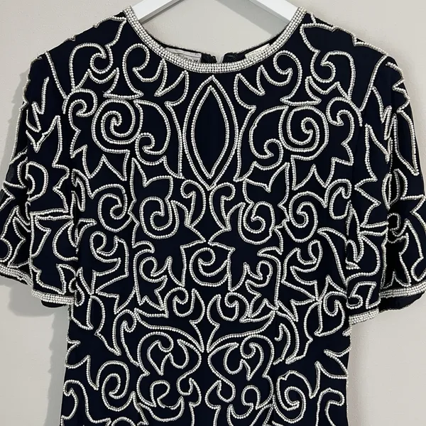 Vtg 80's Stenay Silk Dress Women's 6 Beaded Evening Cocktail‎ Party Sheath Black - Image 2